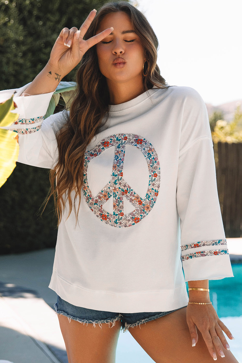 Jet Stream Floral Peace Sign Graphic Drop Shoulder Wide Sleeve Casual Top