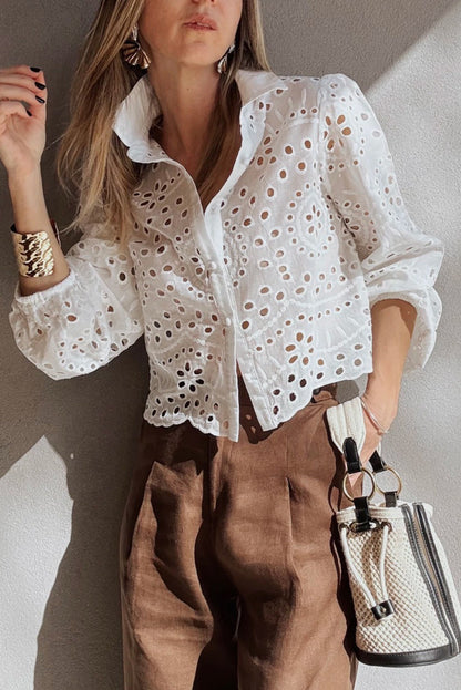 White Eyelet Embroidered Puff Sleeve Button Crop Shirt