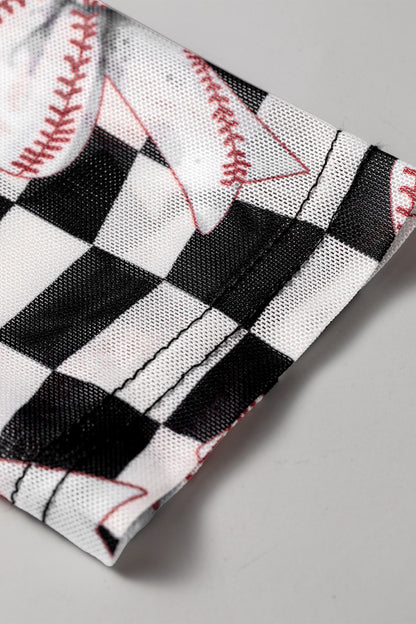 Black Game Day Baseball Bow Plaid Mock Neck Top