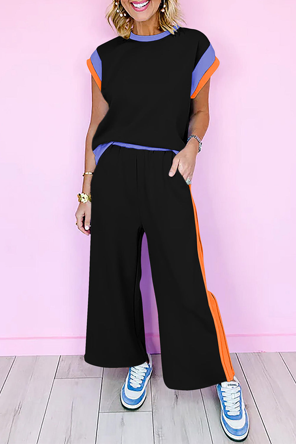 Navy Color Block Lounge Set Wide Leg Pants 2 Piece