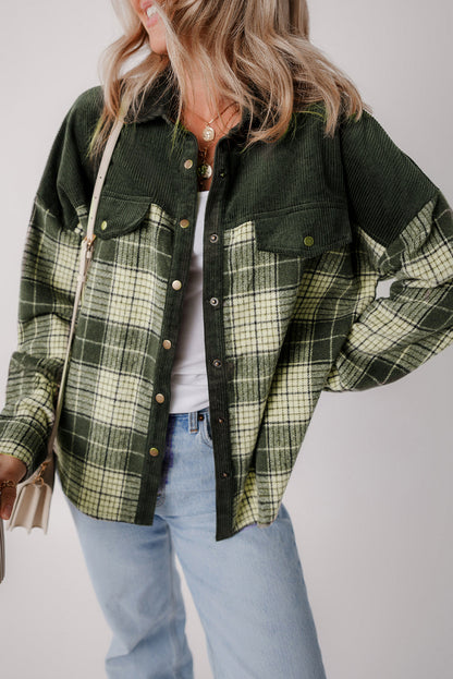 Blackish Green Snap Button Plaid Shacket with Corduroy Patchwork