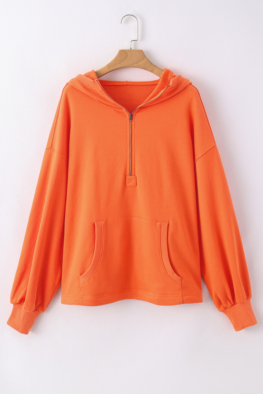 Solid Kangaroo Pocket Half Zipper Oversized Hoodie