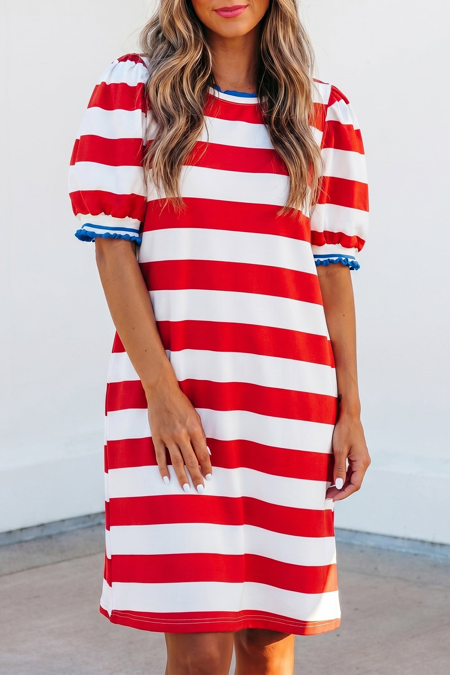 Red Stripe Puff Sleeve Dress Flag Day Independence