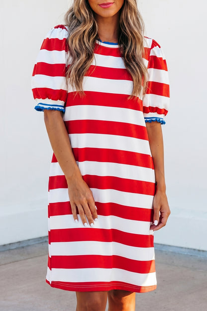 Red Stripe Puff Sleeve Dress Flag Day Independence
