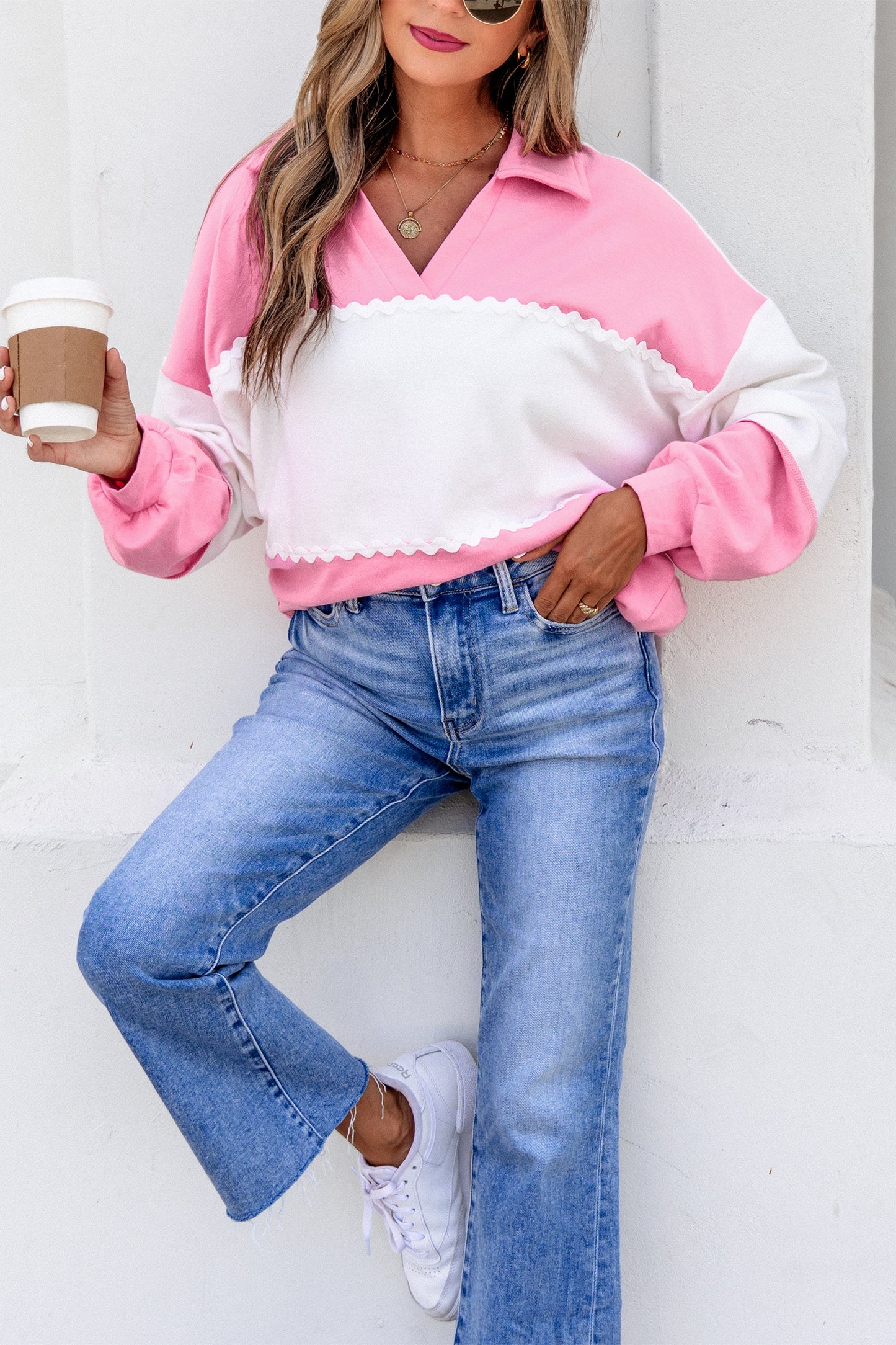 Color Block Ricrac Trim Collared V Neck Long Sleeve Top