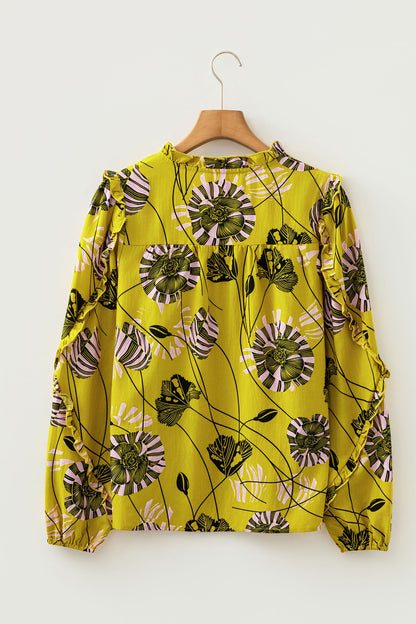 Yellow Vintage Floral V Neck Ruffle Long Sleeve Blouse