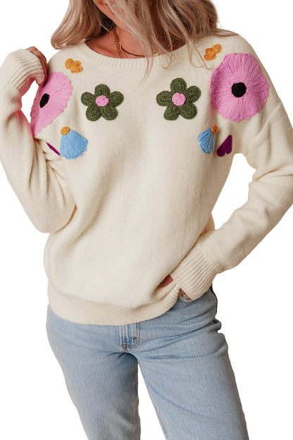 Pink Knitted Flower Pattern Ribbed Edge Sweater