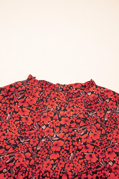 Black Rose Floral Print Ruffle Sleeve Plus Size Shift Top