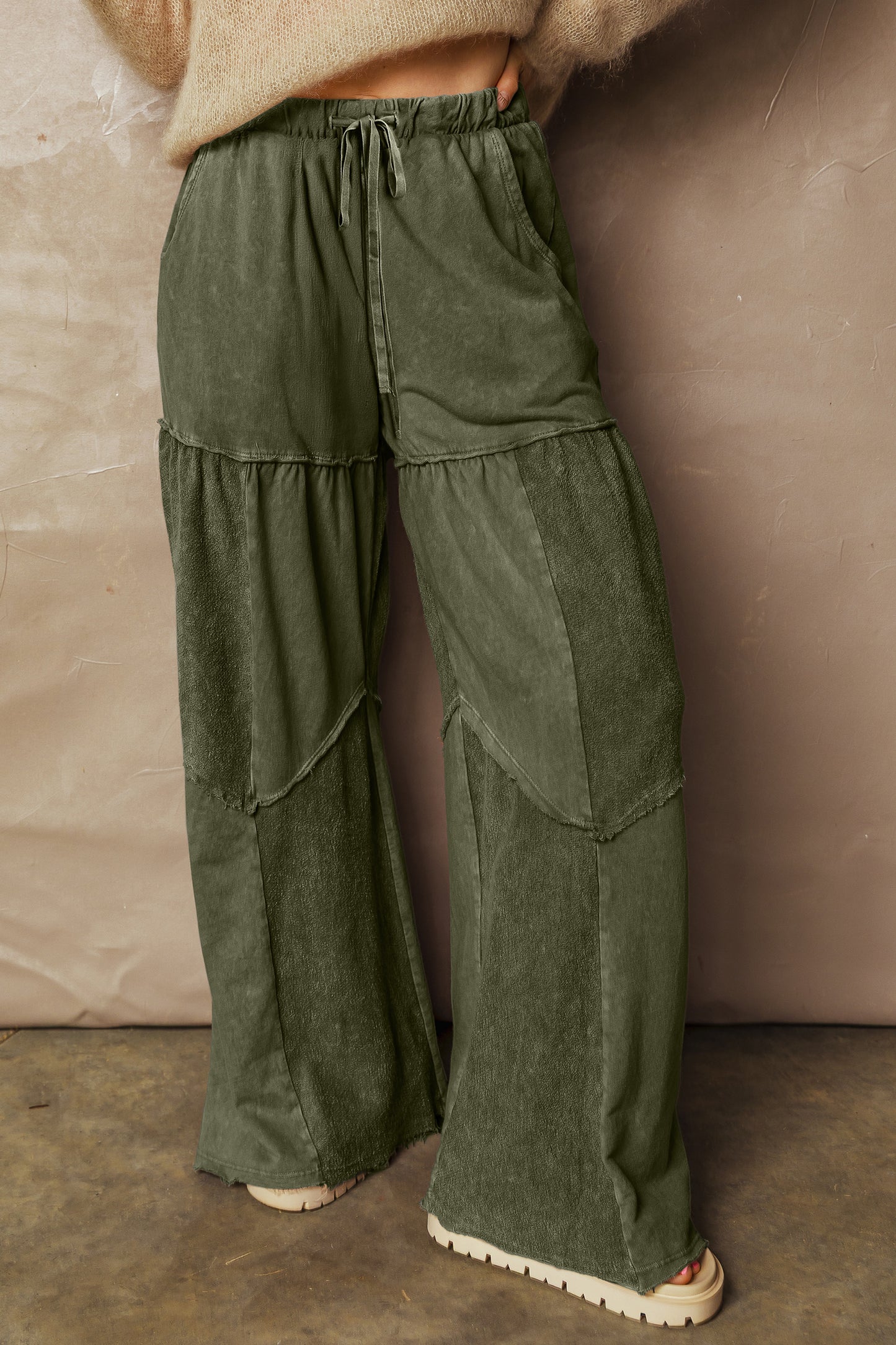 Women's Black Mineral Wash Wide Leg Patchwork Pants