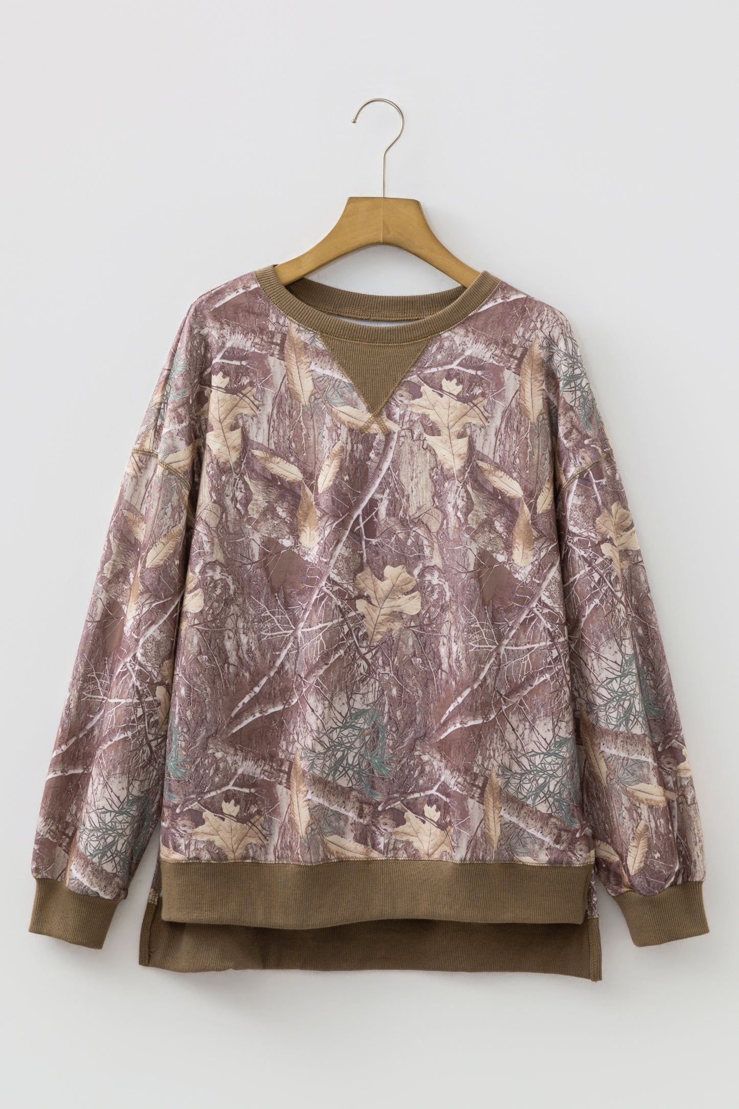 Camo Print Oversized Sweatshirt Colorblock Trim Pullover