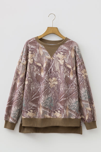 Camo Print Oversized Sweatshirt Colorblock Trim Pullover