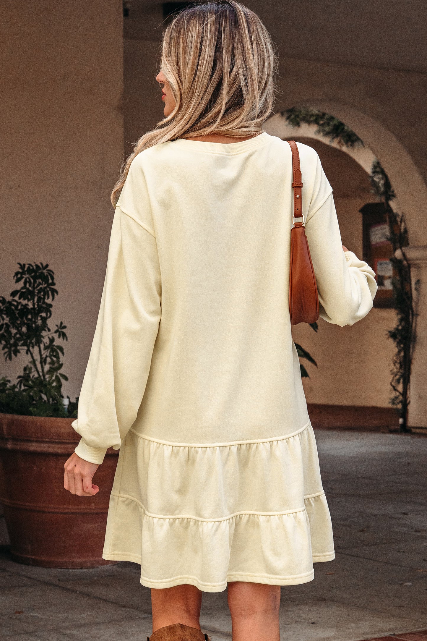 Beige Ruffle Hem Long Sleeve Loose Casual Mini Dress