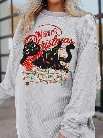 Christmas Cat Graphic Light String Corded Pullover Sweatshirt