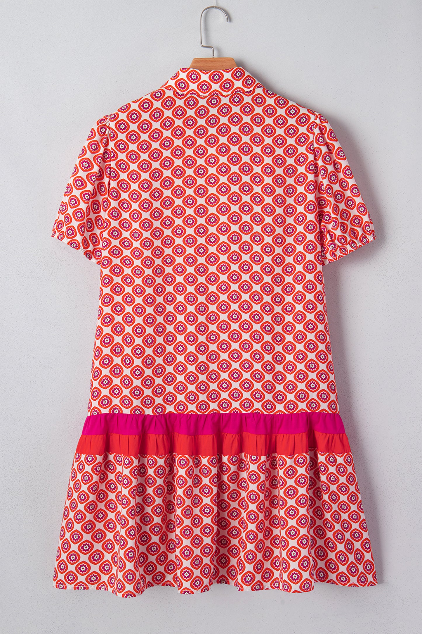 Orange Geometric Print Button Front Ruffle Hem Mini Dress