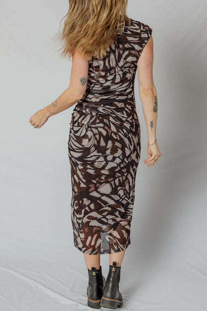 Brown Abstract Mesh Cowl Neck Ruched Midi Dress