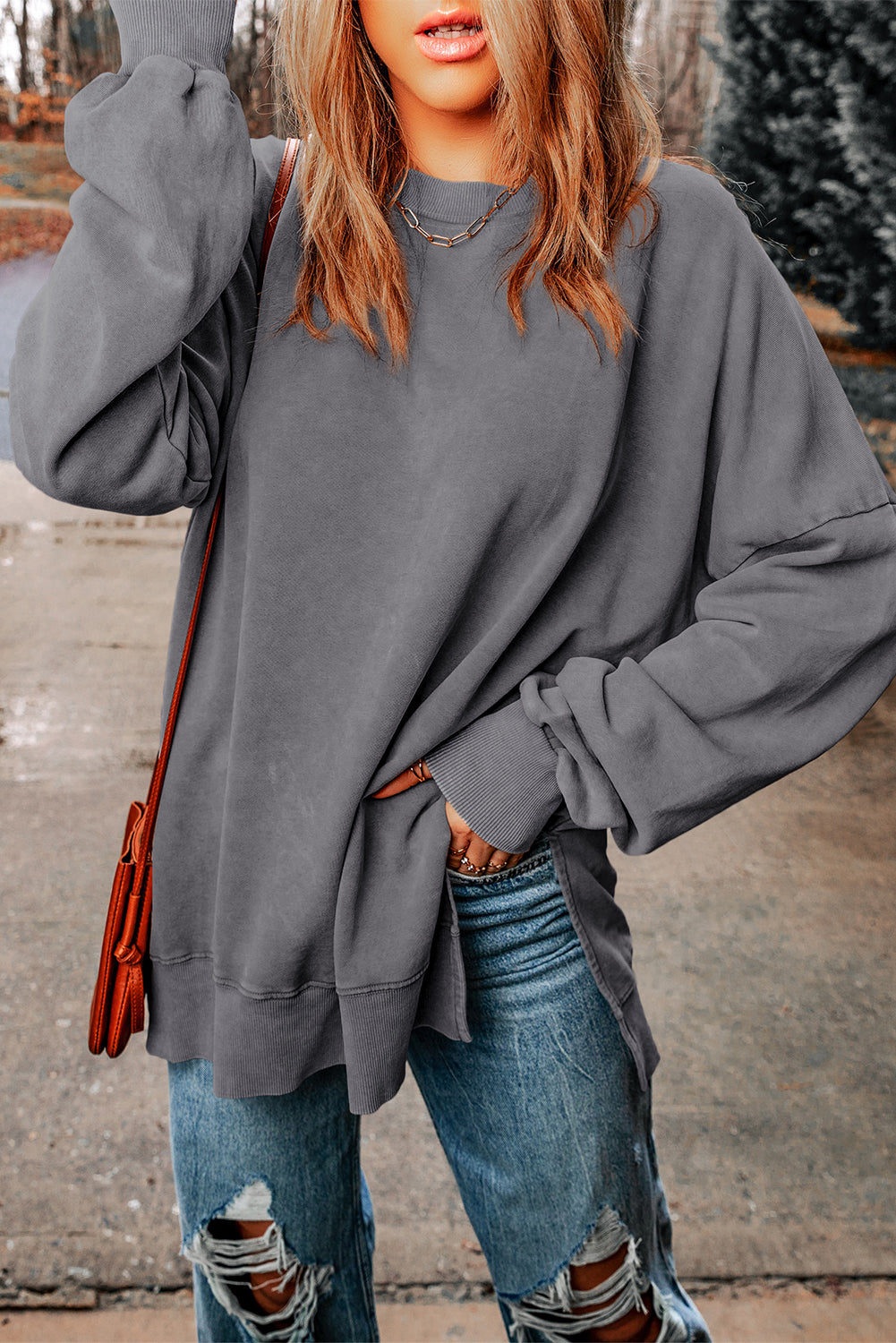 Khaki Drop Shoulder Ribbed Trim Oversized Sweatshirt