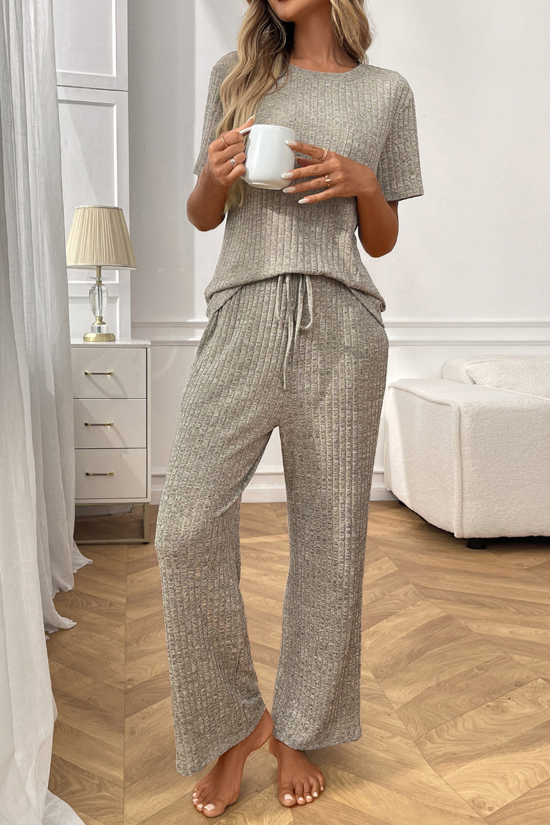 Short Sleeve Ribbed Knit Lounge Set with Drawstring Pants
