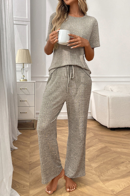 Ribbed Two Piece Lounge Set Wide Leg Pants
