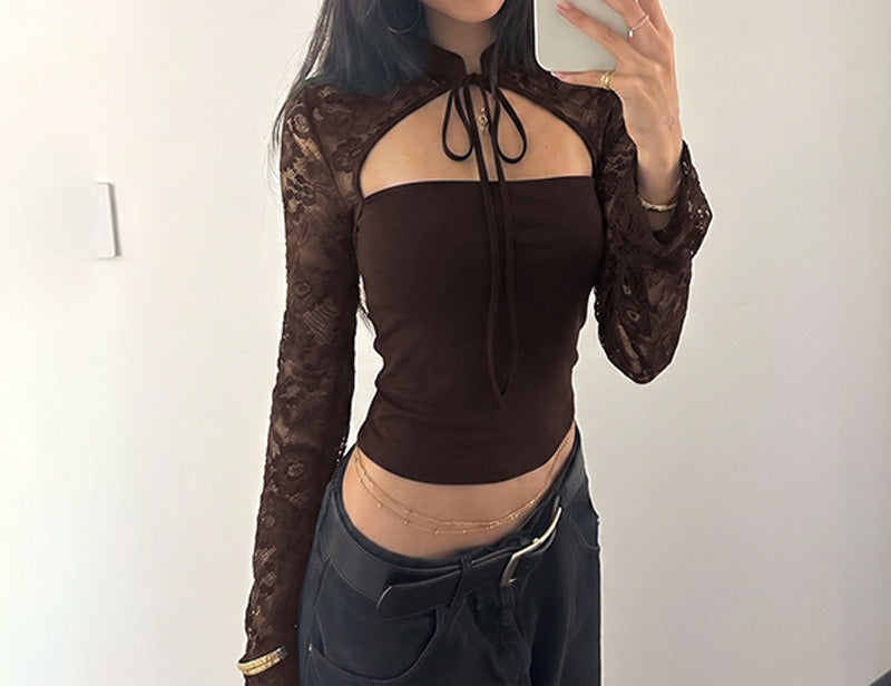 Y2K Sexy Lace Patchwork Crop Top Cut Out Long Sleeve Slim