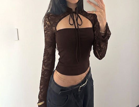 Y2K Sexy Lace Patchwork Crop Top Cut Out Long Sleeve Slim