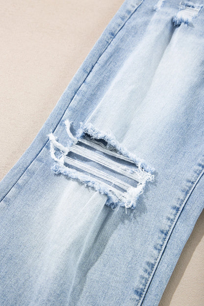 Light Wash Distressed Straight Leg Jeans Raw Hem Denim