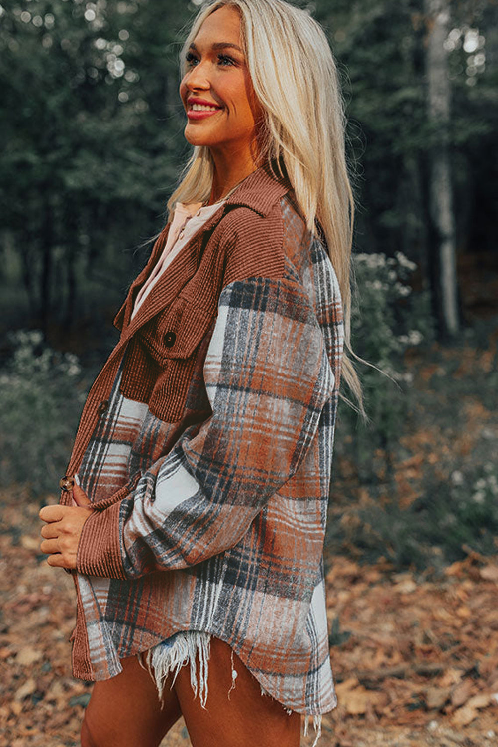 Light Pink Plaid Corduroy Patchwork Pocket Shacket