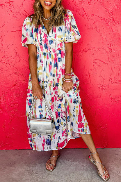 Abstract Print Puff Sleeve V Neck Tiered Maxi Dress