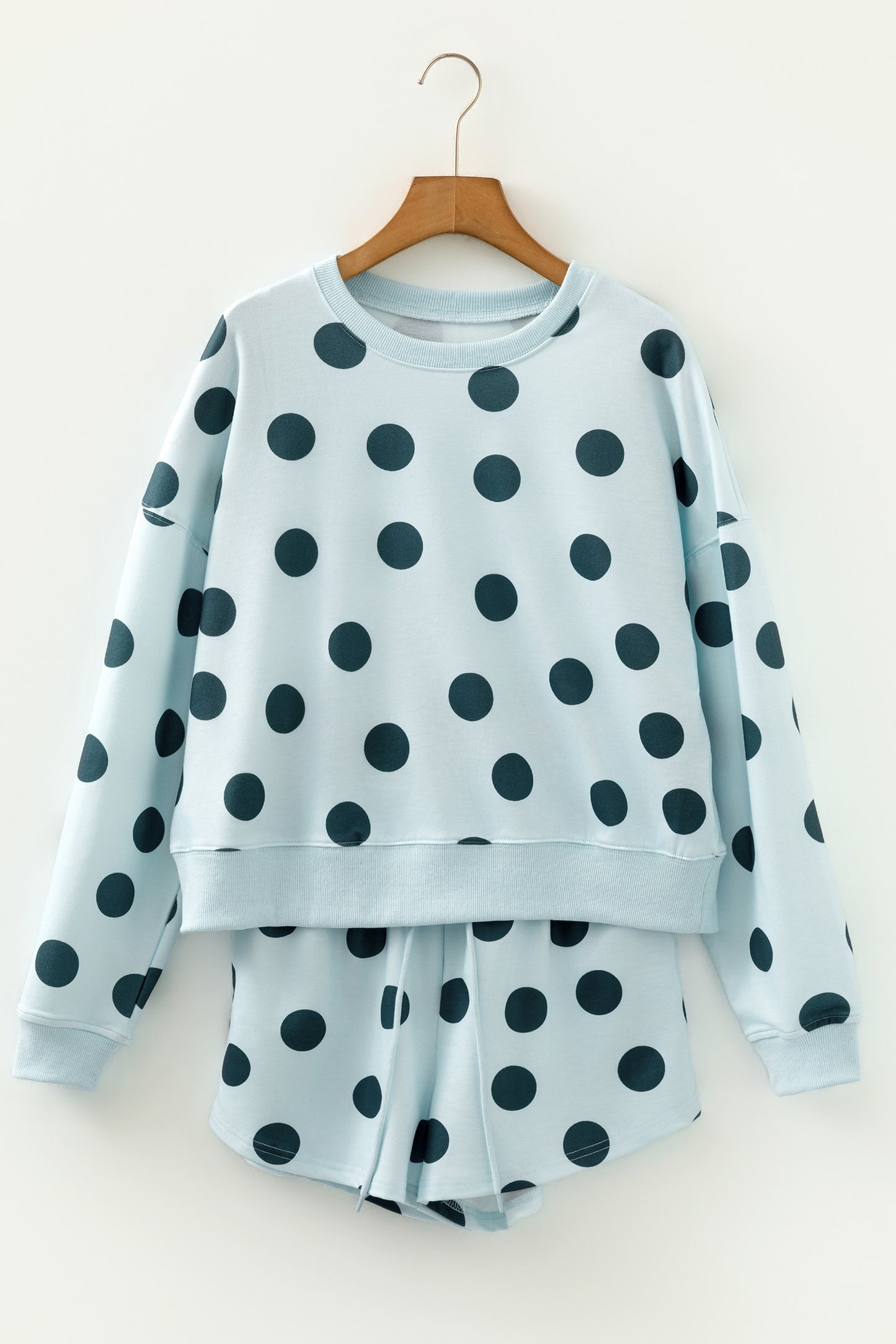Pink Polka Dot Drop Shoulder Pullover Shorts Set