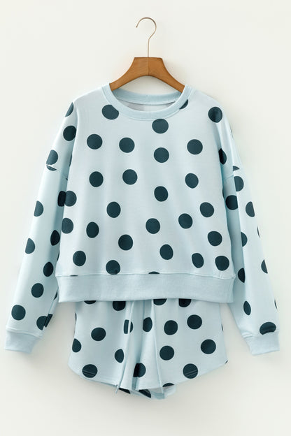Pink Polka Dot Drop Shoulder Pullover Shorts Set