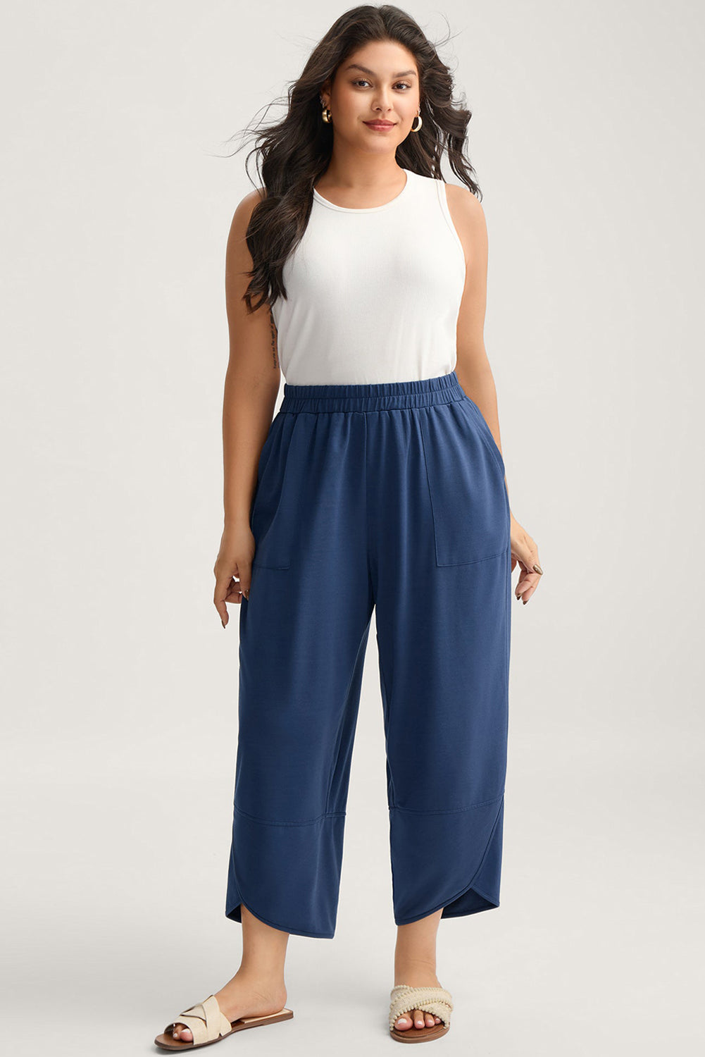 Black Plus Size Elastic Waist Asymmetrical Loose Capris Pants