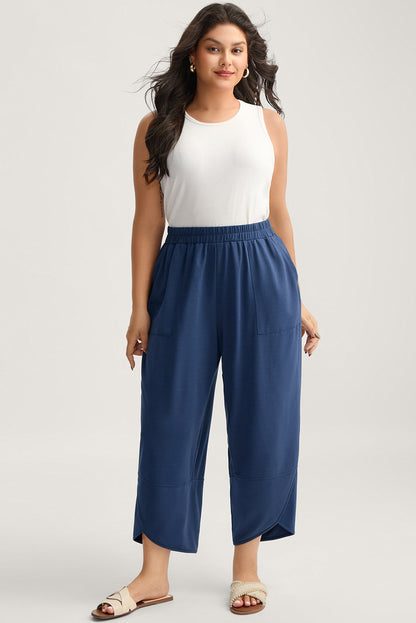 Black Plus Size Elastic Waist Asymmetrical Loose Capris Pants