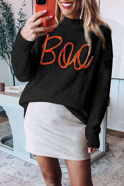 Apricot Boo Knitted Pattern Ribbed Edge Drop Shoulder Sweater