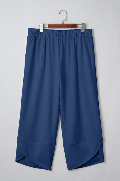 Black Plus Size Elastic Waist Asymmetrical Loose Capris Pants