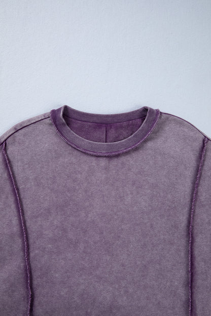 Mineral Wash Exposed Seam Sweatshirt Side Slit Casual Pullover
