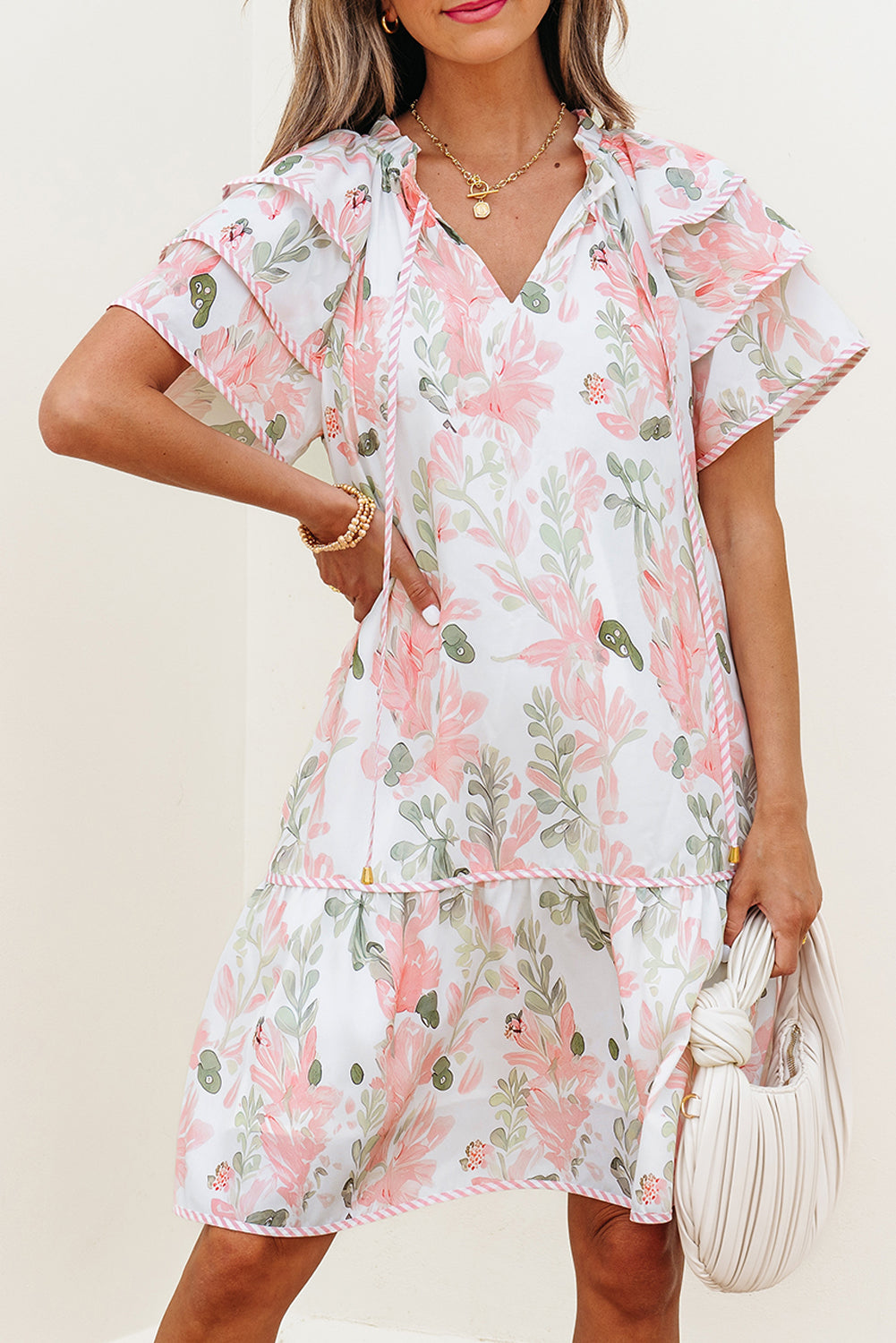 Sky Blue Floral Ruffle Sleeve Tie Neck Mini Dress