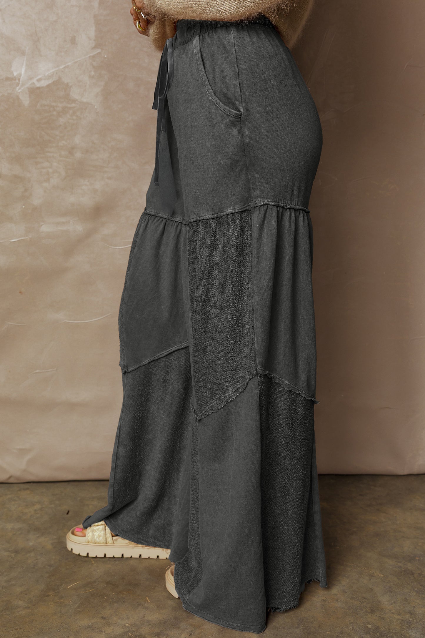 Women's Black Mineral Wash Wide Leg Patchwork Pants