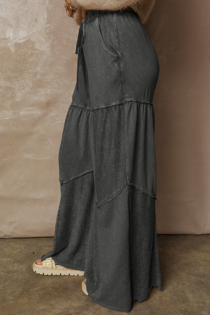 Women's Black Mineral Wash Wide Leg Patchwork Pants