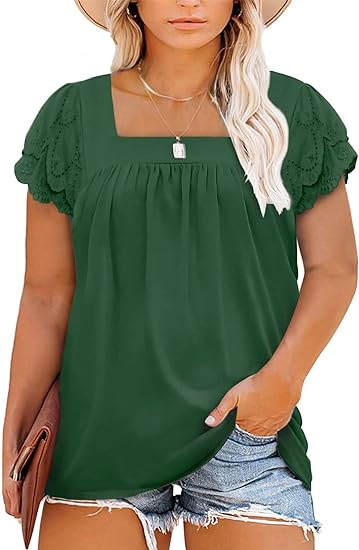 Womens Plus Size Tops Ruffle Short Sleeve Square Neck Summer Loose Casual Tee Shirts