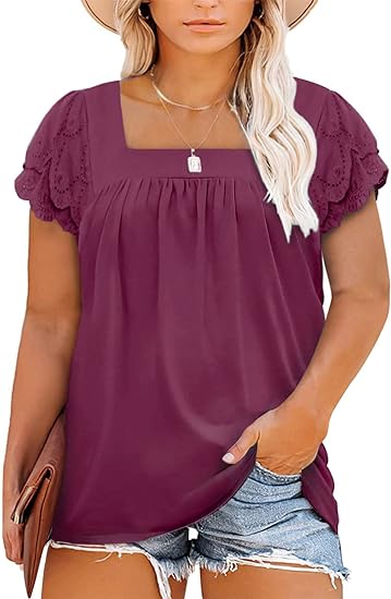 Womens Plus Size Tops Ruffle Short Sleeve Square Neck Summer Loose Casual Tee Shirts