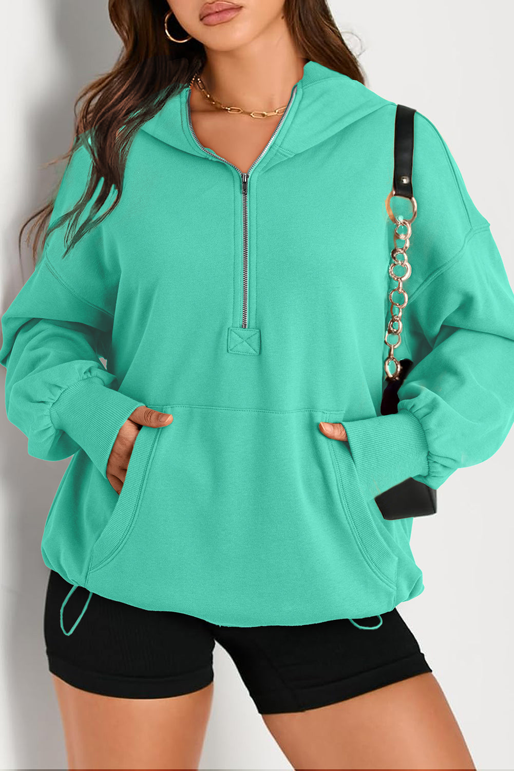 Solid Kangaroo Pocket Half Zipper Oversized Hoodie