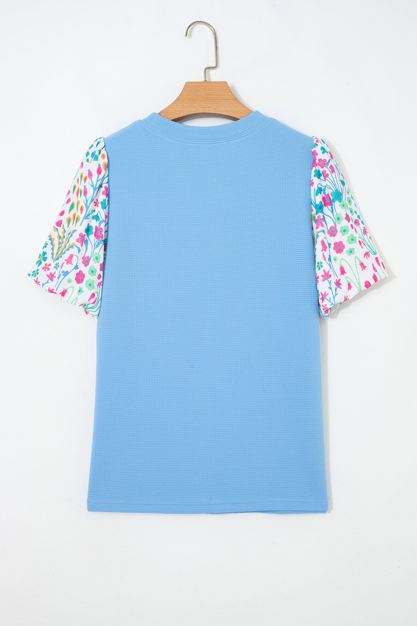 Blue Textured Floral Puff Sleeve Blouse