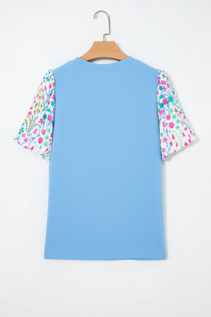 Blue Textured Floral Puff Sleeve Blouse