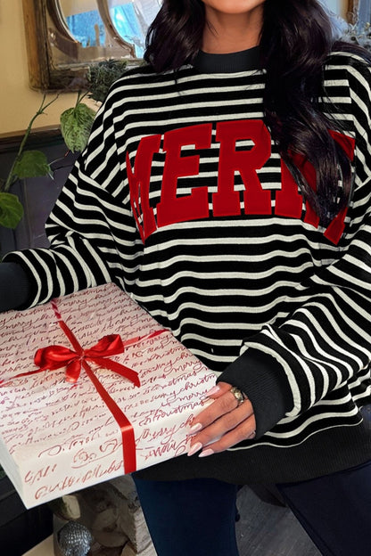 Black Striped MERRY Christmas Sweatshirt Drop Shoulder Pullover