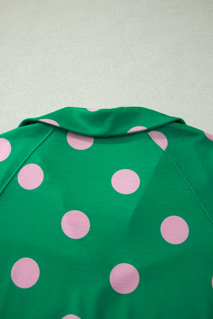 Green Polka Dot Lounge Set V Neck Tee and Shorts