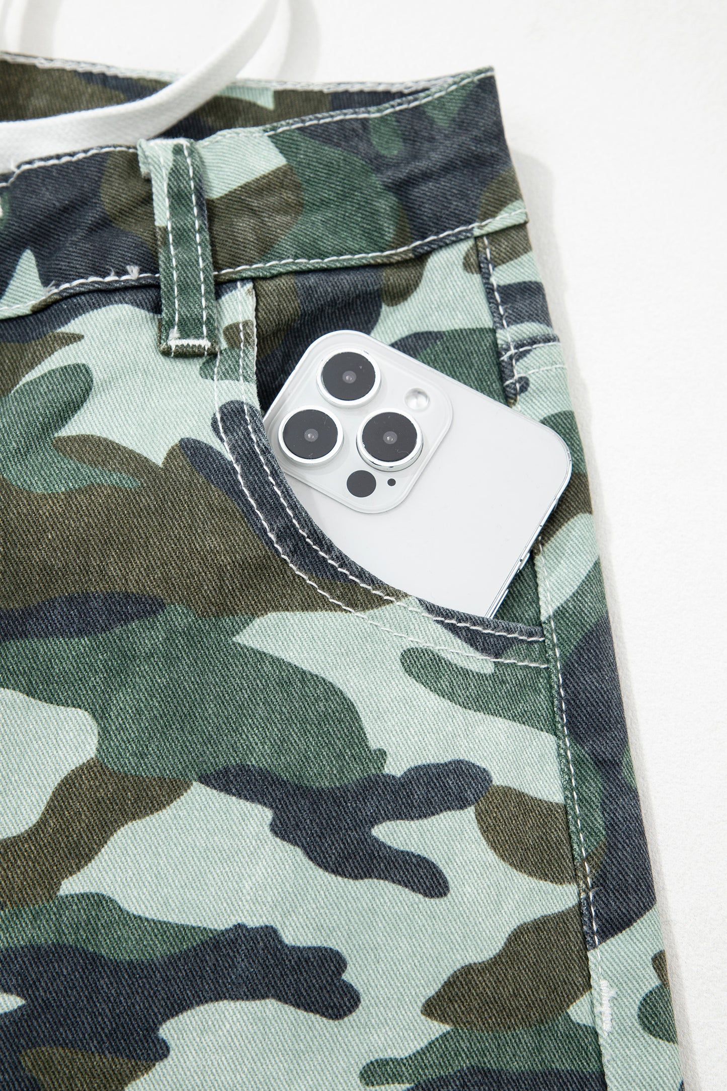 Green Camo Print Wide Leg Drawstring Denim Pants