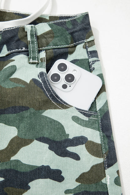 Green Camo Print Wide Leg Drawstring Denim Pants
