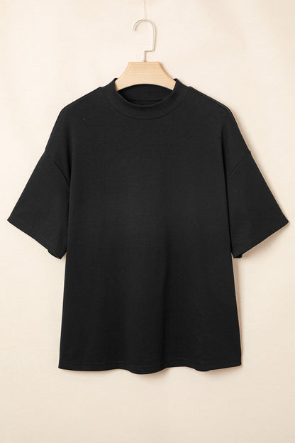 Dark Blue Oversized Mock Neck Tee Casual Relaxed Top