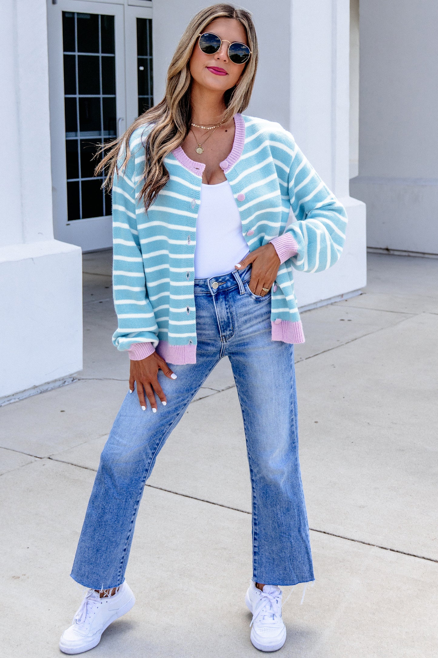 Sky Blue Pastel Stripe Button Knit Cardigan Sweater Top