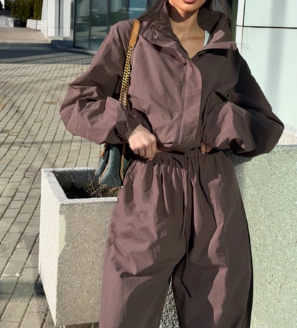 Women's Cropped Zip Jacket Wide Leg Pants Matching Set