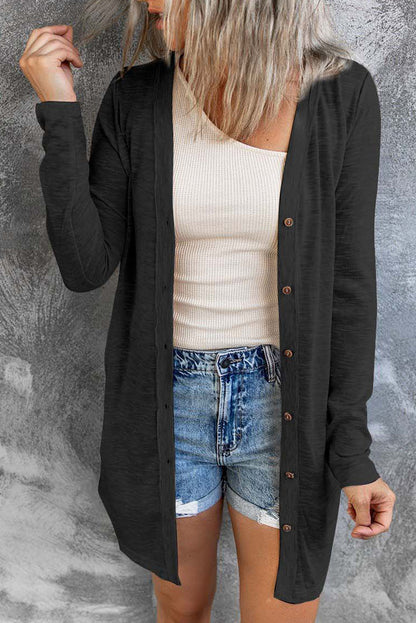 Beige Solid Color Open-Front Buttons Cardigan
